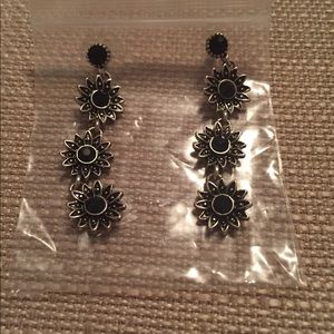 Beautiful silver, black 2” long  flower earrings